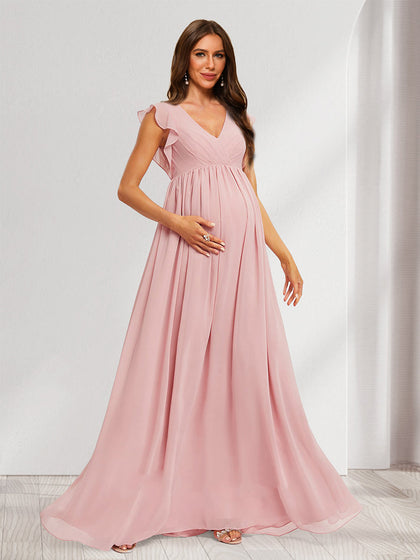 Robes de Maternité Longues Plissées à Col en V Style A-Line/Princesse avec Manches Flottantes et Fronces