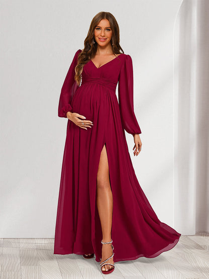 Robes de Maternité Plissées à Col en V, Manches Longues, Style A-Line/Princesse avec Fente Sur le Côté