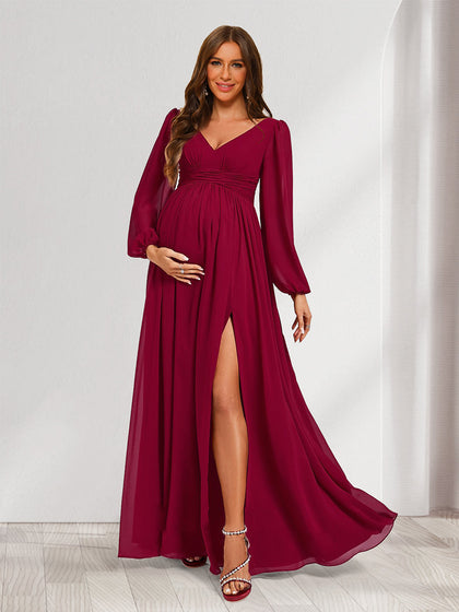 Robes de Maternité Plissées à Col en V, Manches Longues, Style A-Line/Princesse avec Fente Sur le Côté