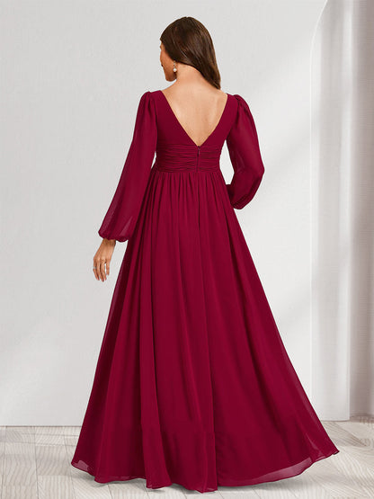 Robes de Maternité Plissées à Col en V, Manches Longues, Style A-Line/Princesse avec Fente Sur le Côté
