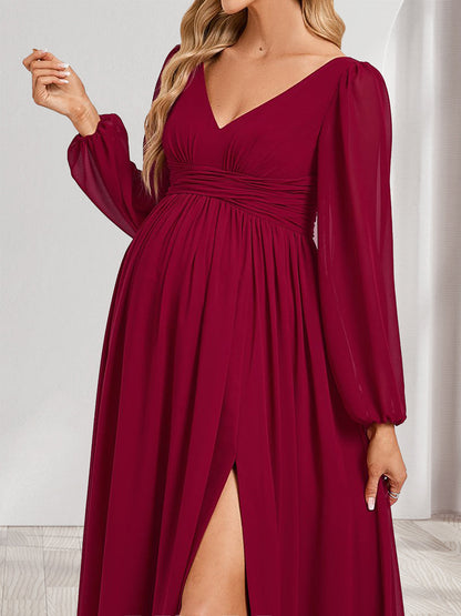 Robes de Maternité Plissées à Col en V, Manches Longues, Style A-Line/Princesse avec Fente Sur le Côté