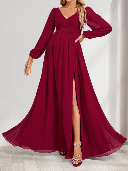 Robes de Maternité Plissées à Col en V, Manches Longues, Style A-Line/Princesse avec Fente Sur le Côté