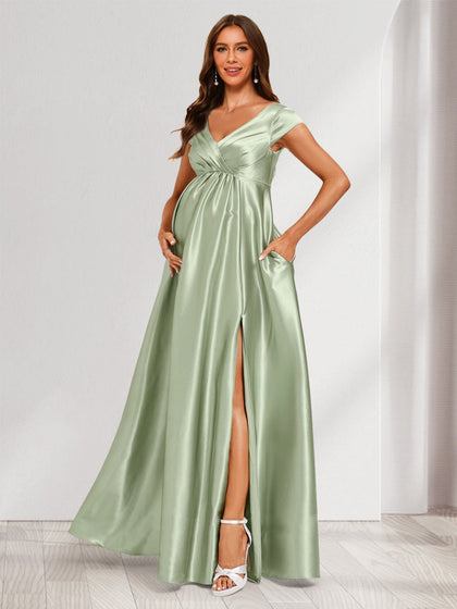 Robes de Maternité Ligne A/Princesse Col en V Manches Courtes Longues Fente Latérale avec Plis et Poches