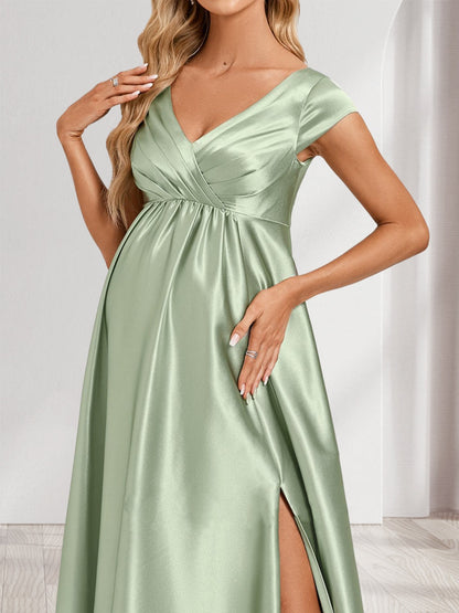 Robes de Maternité Ligne A/Princesse Col en V Manches Courtes Longues Fente Latérale avec Plis et Poches