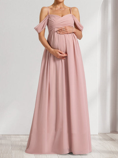 Robes de Maternité en Chiffon Plissé à Épaule Dénudée Style A-Line/Princesse avec Plis