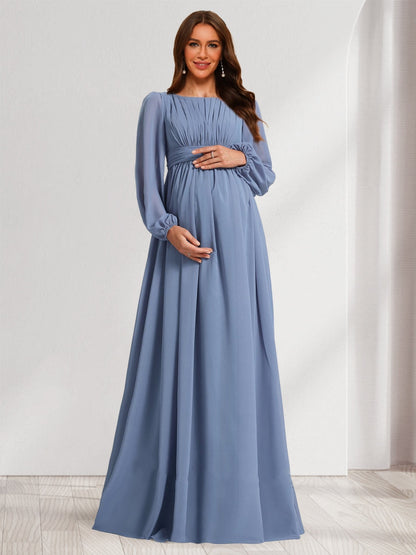 Robes de Maternité Longueur Sol à Col Rond, Manches Longues, Style A-Line/Princesse, avec Ruchés et Nœud