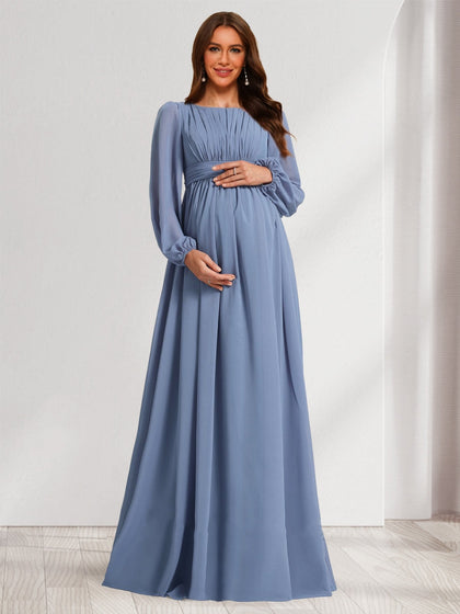 Robes de Maternité Longueur Sol à Col Rond, Manches Longues, Style A-Line/Princesse, avec Ruchés et Nœud