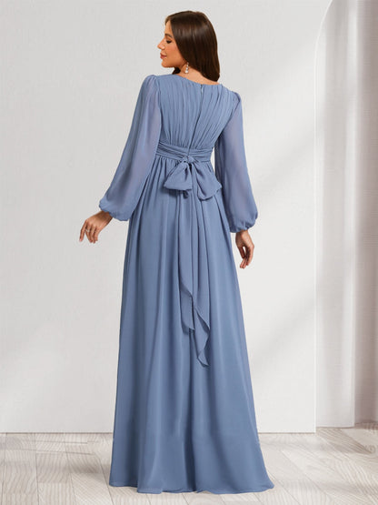 Robes de Maternité Longueur Sol à Col Rond, Manches Longues, Style A-Line/Princesse, avec Ruchés et Nœud