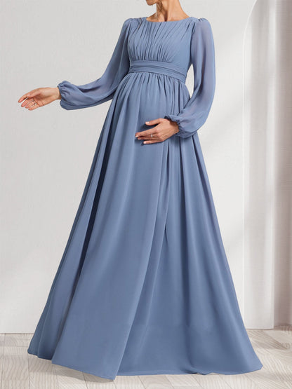 Robes de Maternité Longueur Sol à Col Rond, Manches Longues, Style A-Line/Princesse, avec Ruchés et Nœud