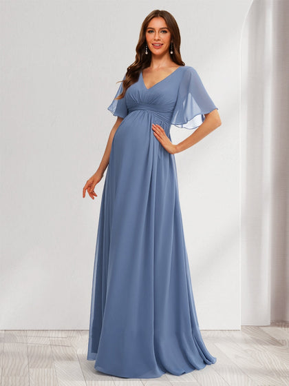 Robes de Maternité en Chiffon à Col en V, Manches Courtes, Ligne A/Princesse avec Volants et Plis
