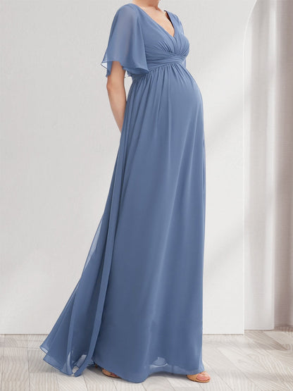 Robes de Maternité en Chiffon à Col en V, Manches Courtes, Ligne A/Princesse avec Volants et Plis