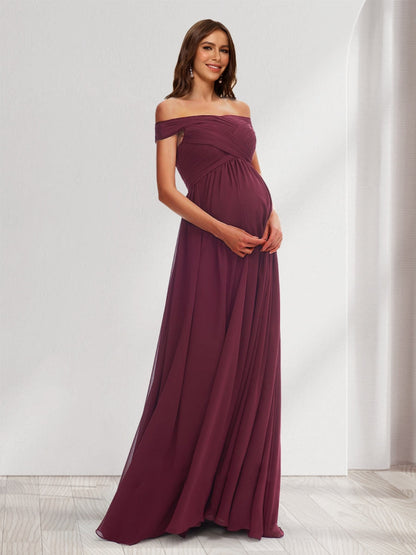 Robes de Maternité Plissées à Ligne A/Princesse, Décolleté Épaule Nue, Longueur Au Sol avec Fente Latérale
