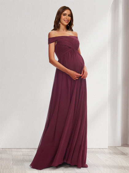 Robes de Maternité Plissées à Ligne A/Princesse, Décolleté Épaule Nue, Longueur Au Sol avec Fente Latérale