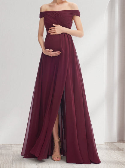 Robes de Maternité Plissées à Ligne A/Princesse, Décolleté Épaule Nue, Longueur Au Sol avec Fente Latérale