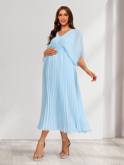 Robes de Maternité Élégantes Plissées à Col en V, Manches Mi-Longues, Style A-Line/Princesse avec Fronces