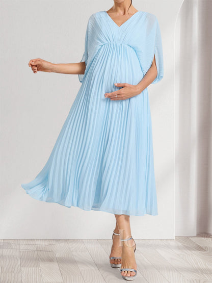 Robes de Maternité Élégantes Plissées à Col en V, Manches Mi-Longues, Style A-Line/Princesse avec Fronces