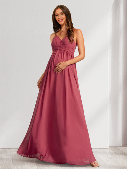 Robes de Maternité Longues Plissées avec Col en V, Style A-Line/Princesse, Ornées de Fronces et D'Appliques