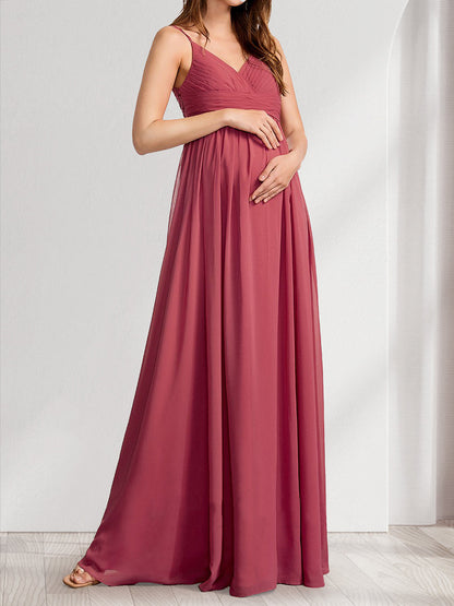Robes de Maternité Longues Plissées avec Col en V, Style A-Line/Princesse, Ornées de Fronces et D'Appliques