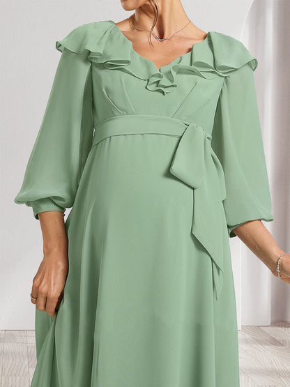 Robes de Maternité Ligne A/Princesse Col V Manches Longues avec Volants et Nœud