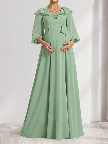 Robes de Maternité Ligne A/Princesse Col V Manches Longues avec Volants et Nœud