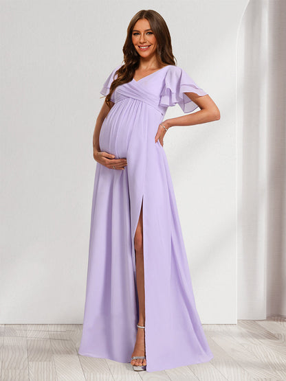 Robes de Maternité en Mousseline Plissée Col V Style A-Line/Princesse avec Volants et Plis