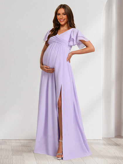 Robes de Maternité en Mousseline Plissée Col V Style A-Line/Princesse avec Volants et Plis