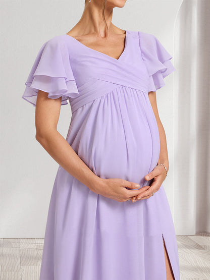 Robes de Maternité en Mousseline Plissée Col V Style A-Line/Princesse avec Volants et Plis