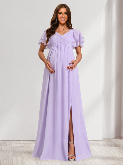 Robes de Maternité en Mousseline Plissée Col V Style A-Line/Princesse avec Volants et Plis