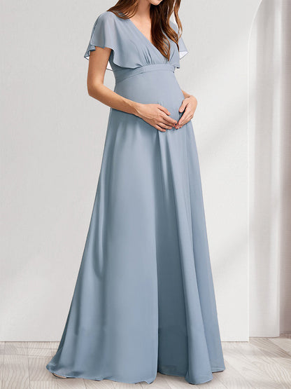 Robes de Maternité Ligne A/Princesse Col V Manches Papillonnantes avec Nœud et Volants