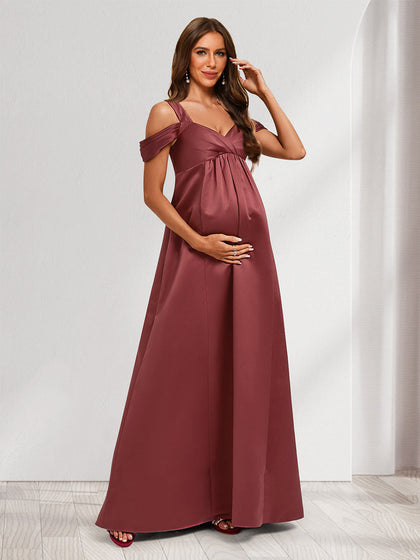 Robes de Maternité Longues en Satin, Style Princesse/Ligne A, Épaules Dénudées, Longueur Au Sol, Plissées