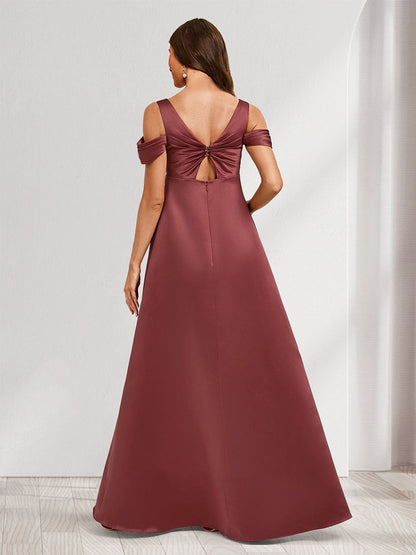 Robes de Maternité Longues en Satin, Style Princesse/Ligne A, Épaules Dénudées, Longueur Au Sol, Plissées