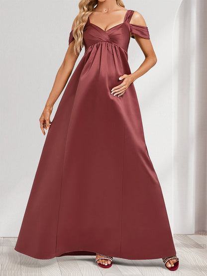 Robes de Maternité Longues en Satin, Style Princesse/Ligne A, Épaules Dénudées, Longueur Au Sol, Plissées