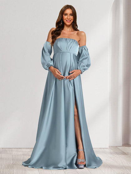 Robes de Maternité Longues à Ligne A/Princesse sans Bretelles avec Ruchés et Fente Latérale