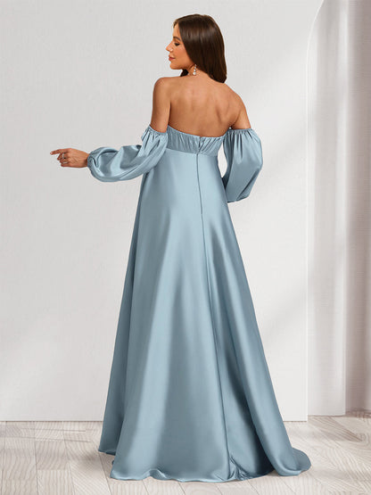 Robes de Maternité Longues à Ligne A/Princesse sans Bretelles avec Ruchés et Fente Latérale