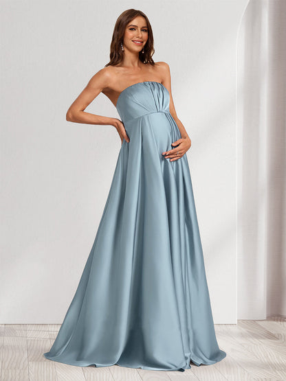 Robes de Maternité Longues à Ligne A/Princesse sans Bretelles avec Ruchés et Fente Latérale