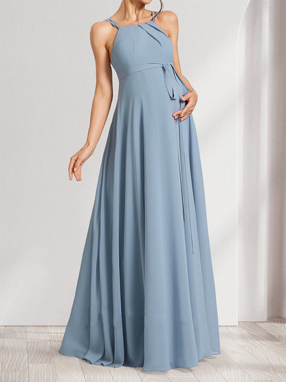 Robes de Maternité Trapèze/Princesse à Col Montant sans Manches Longueur Sol avec Nœud et Plis