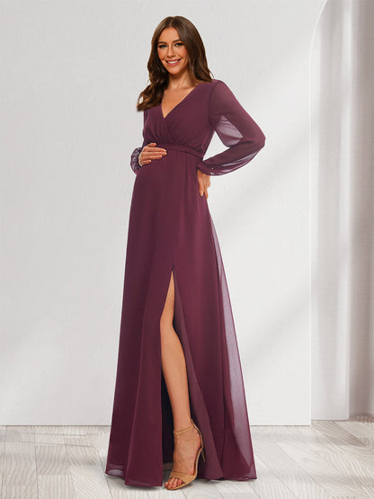 Robes de Maternité en Chiffon à Col en V, Ligne A/Princesse, Manches Longues avec Fente Sur le Côté