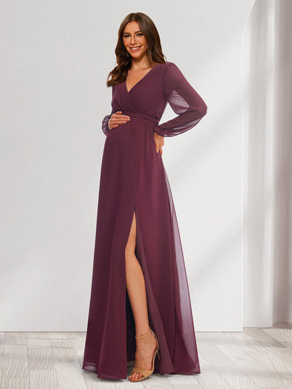 Robes de Maternité en Chiffon à Col en V, Ligne A/Princesse, Manches Longues avec Fente Sur le Côté