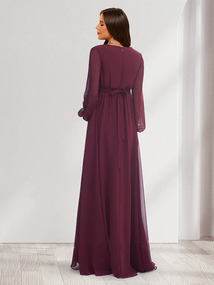 Robes de Maternité en Chiffon à Col en V, Ligne A/Princesse, Manches Longues avec Fente Sur le Côté