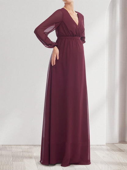 Robes de Maternité en Chiffon à Col en V, Ligne A/Princesse, Manches Longues avec Fente Sur le Côté