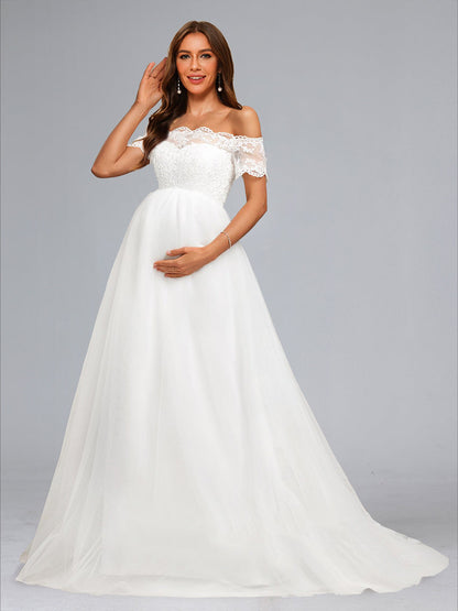 Robes de Bal Décolleté Épaules Dénudées pour Maternité avec Appliques en Dentelle