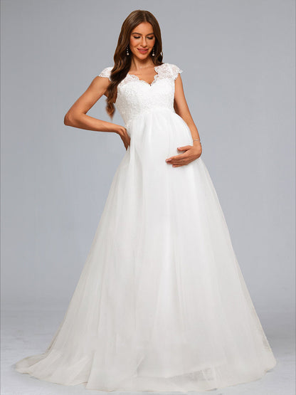 Robes de Maternité Luxueuses en Tulle Long Col V Ligne A/Princesse avec Appliqués