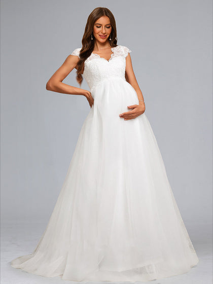 Robes de Maternité Luxueuses en Tulle Long Col V Ligne A/Princesse avec Appliqués