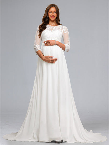 Robes de Maternité en Chiffon Style A-Line/Princesse avec Col en V, Manches 3/4 et Appliques en Dentelle