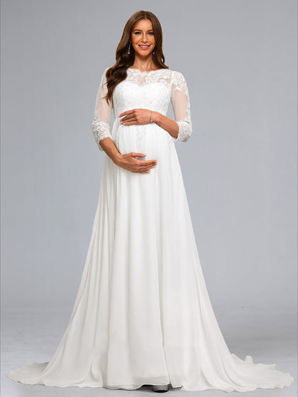Robes de Maternité en Chiffon Style A-Line/Princesse avec Col en V, Manches 3/4 et Appliques en Dentelle