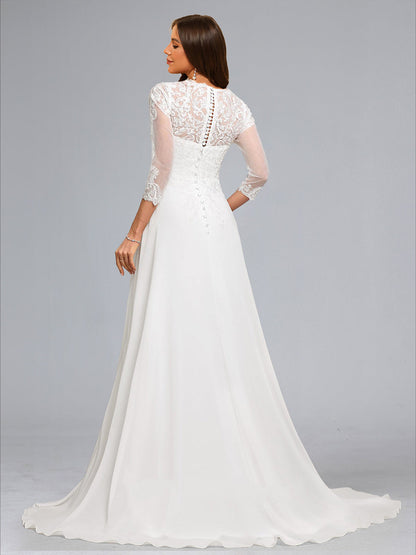 Robes de Maternité en Chiffon Style A-Line/Princesse avec Col en V, Manches 3/4 et Appliques en Dentelle
