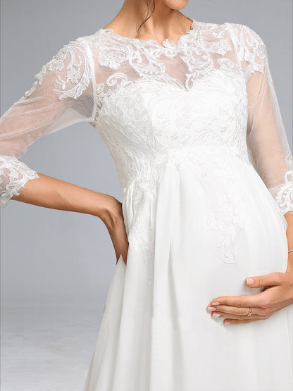 Robes de Maternité en Chiffon Style A-Line/Princesse avec Col en V, Manches 3/4 et Appliques en Dentelle