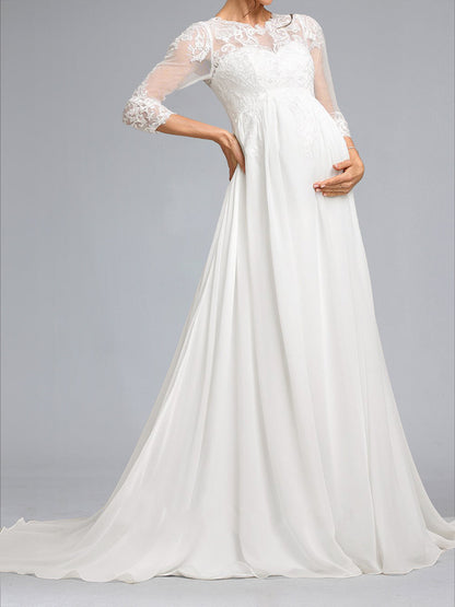 Robes de Maternité en Chiffon Style A-Line/Princesse avec Col en V, Manches 3/4 et Appliques en Dentelle