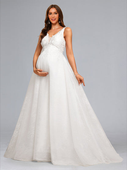 Robe de Bal Col V sans Manches Longue Élégante pour Grossesse avec Appliqués