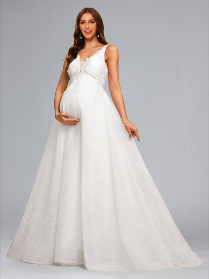 Robe de Bal Col V sans Manches Longue Élégante pour Grossesse avec Appliqués